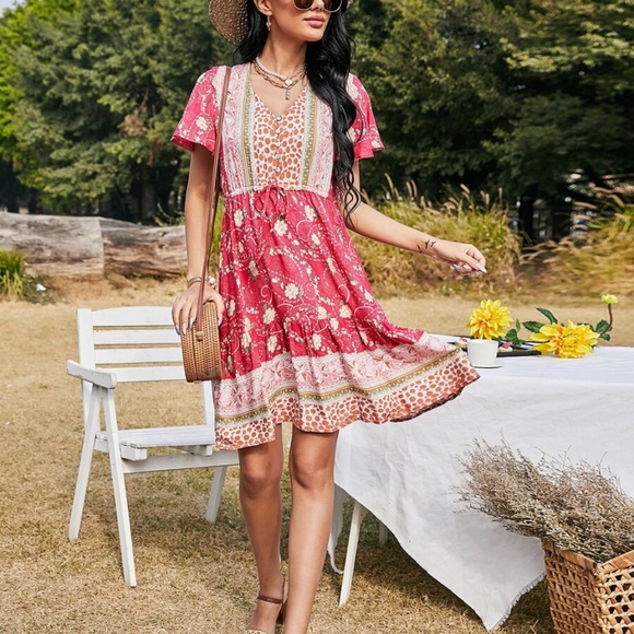 boho v neck floral button paisley red ruffle dress - Picture 2 of 4